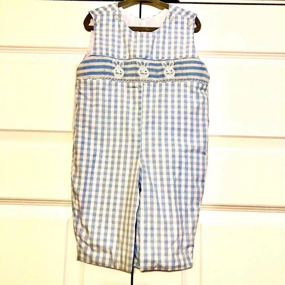 New CLASSIC WHIMSY Blue Gingham Embr Bunny Smocked Longall Romper 18M